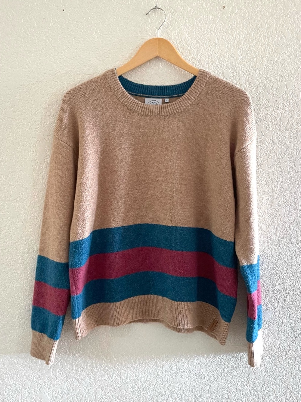 Passenger Colorblock Crewneck Stripe Sweater Tan Sz Small Gorpcore Grandpa Cozy